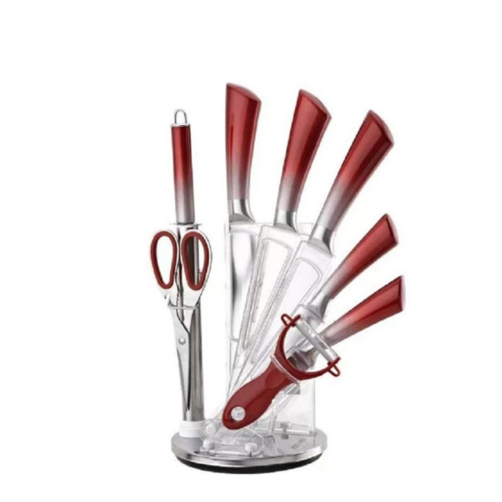 Knife Set 9 Piece - Delica - K-3021 - Maroon & Silver